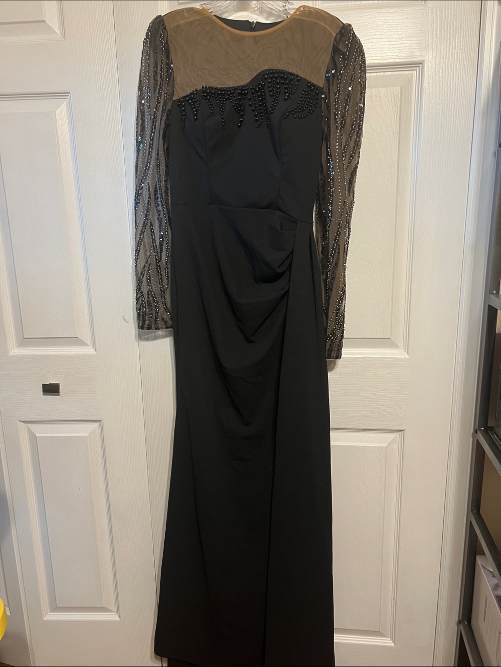 Black Long-Sleeve Evening Gown with Sheer Beaded Sleeves